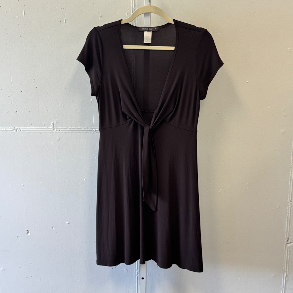 Y2K Anne Klein New York Brown V-Neck Front Tie Short Sleeve Dress Medium 2010s